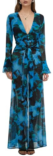 Goodfugui Women's Sunscreen Beach Smock Maxi Dress Long Sleeve V Neck Print Split Waist Belt Loose Pool Cover Ups Dress
