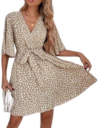 BSLVWG Vestido largo para mujer con volantes, manga corta, escote en V, floral, fluido, de verano, para la playa, vacacional, vestido casual, Caqui-1., L