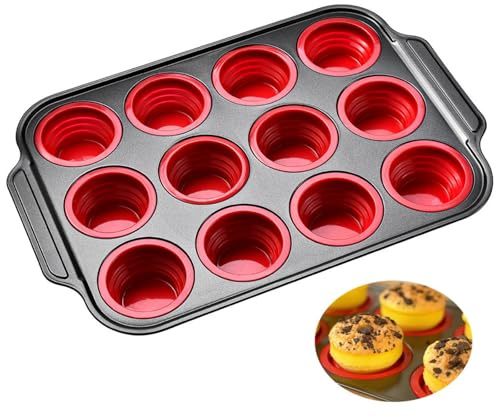 YiYeraio Silicone Muffin Trays, Non Stick Mini Cupcake Pan with Metal Reinforced Frame, Mini Muffin Tins Easy Release, Foldable Cupcake Baking Pan for Baking Muffins, Cupcakes, Egg Bites 12 Cups