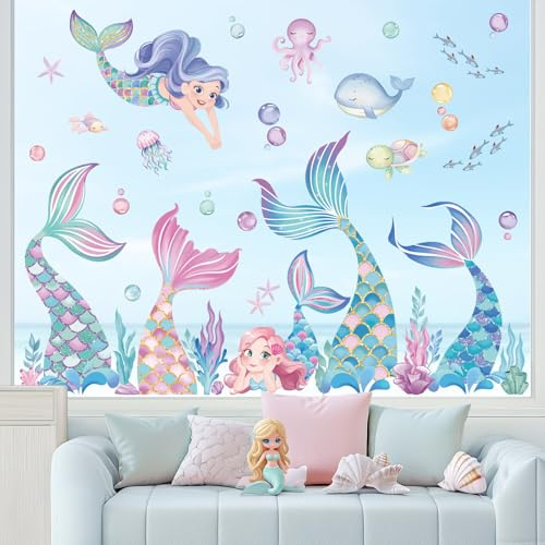 wondever Fensterbilder Unterwasserwelt Meerjungfrau Fenstersticker | Wiederverwendbar, Doppelseitig Statisch PVC Fensterdeko, Fenster Vogelschutz, Sommer Deko für Glas Tür Wohnzimmer Küche