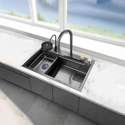 Moderno fregadero de cocina de acero inoxidable negro con diseño de cascada de un solo tazón para casa de campo y cocinas contemporáneas, uso versátil D 68 x 45 cm