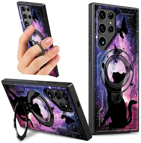 Dikoer Kickstand Case for Samsung Galaxy S25 Ultra 5G 6.9 with 360 Degree Rotatable Ring Holder Stand for Women Men, Rugged Hard Bumper Full Body Shockproof Case, Purple Star Cat