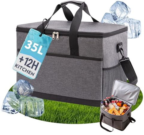 Kühltasche 35L+12h Kühlung Thermoisoliert Tragbar Faltbar Wasserdicht Groß Picknicktasche für Einkaufen Auto Büro Camping Outdoor Reisen Lebensmitteltransport Familie Grillen