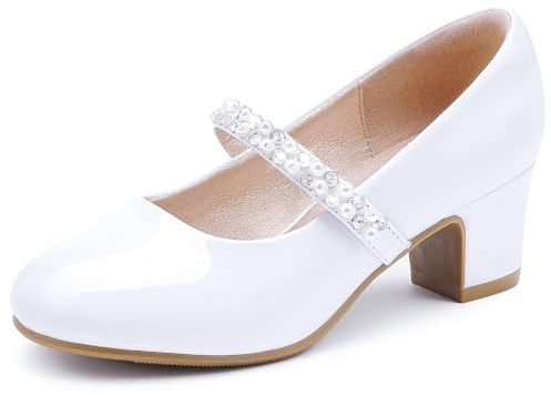 LAURMOSA Chaussure Princesse Fille Chaussures Talon Enfant Fille Mary Jane Chaussures Princesse 31 Talon Blanc Perles Mariage Anniversaire Cérémonie Église Pâques Première Communion (FRL1039PaWhite 1)