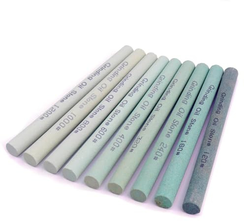LWCUSNJ 9pcs Round Green Carbon Sharpening Stone Sticks Set, Green Silicon Carbide Whetstone Kit, Grit 120#-1200# for Moldel, Metal & Cutting Tools (Round 150mm*12mm)
