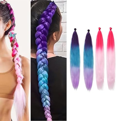 4 ciocche di capelli sintetici da intrecciare, 70 cm, ciocche di capelli intrecciate con elastici per capelli, extension intrecciate in blu viola e rosso rosa, trecce di alta qualità per bambini