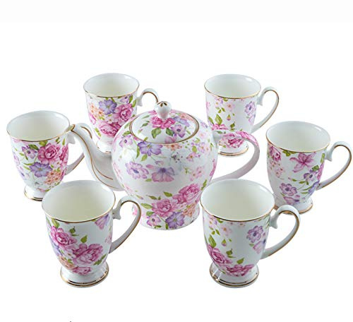 KazeRyu Juego De Té De Porcelana China For Adultos: Tetera Rosa Con 6 Tazas De Gran Capacidad For Té Y Café De La Tarde.