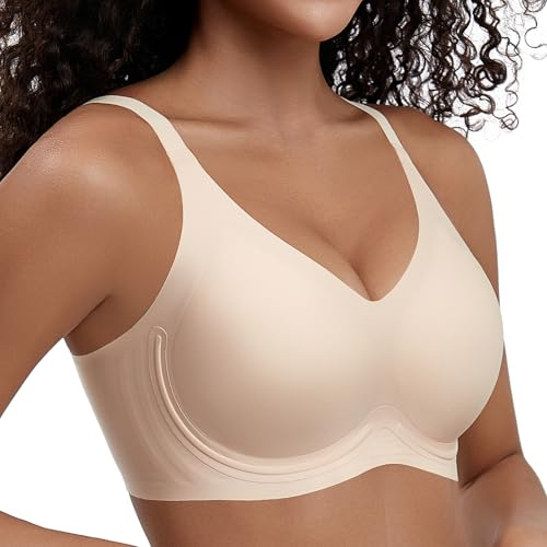 PQK Jelly Bra for Women Wireless Push Up Bra Seamless Comfortable T Shirt Bra No Underwire Full Coverage Support and Lift V Neck Everyday Bra Nude
