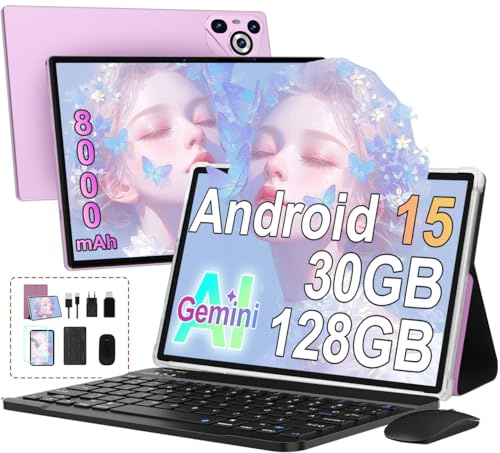 Dghrti Tablet Android 15 10 Schermo IPS HD | 30GB RAM 128GB + Estensione 1TB | Octo-Core 8000mAh | Wi-FI 6 | Widevine L1 | 8MP+5MP | Telaio in Metallo | con Tastiera e Mouse | Viola