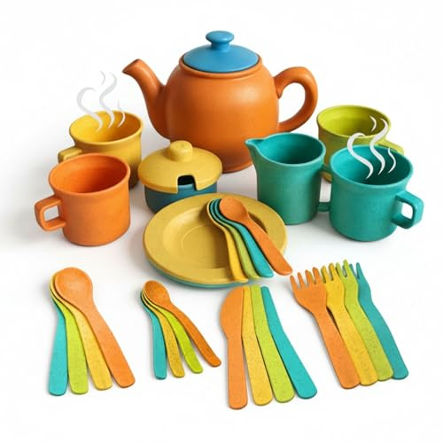 alldoro Kinderküchen Teeservice mit Besteck, 32-teiliges Spielküchenzubehör | Set aus nachhaltigem Kunststoff-Weizenstroh, Rollenspiel-Zubehör, für Kinder ab 3 Jahren, Indoor & Outdoor