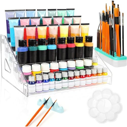 AcrylicPaint container - Transparent Multi-Tier Storage Rack, Integrated Brush Holder, Oil Paint Tubes holder, Space Saving Acrylic Paint Rack Organizer | Organizer for Oil Acrylic Model