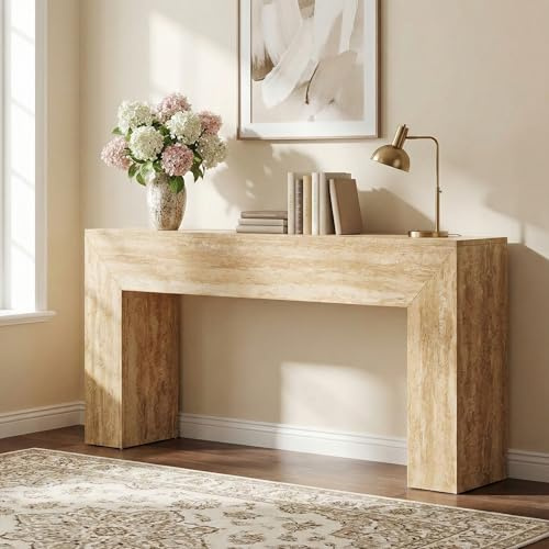 Lailang 160cm Mesa de Entrada, Consola Estrecha, Mueble Recibidor Entrada, Consola Recibidor Madera, Mesa Entrada Recibidor, 160 x 30 x 80 cm, Beige Travertino