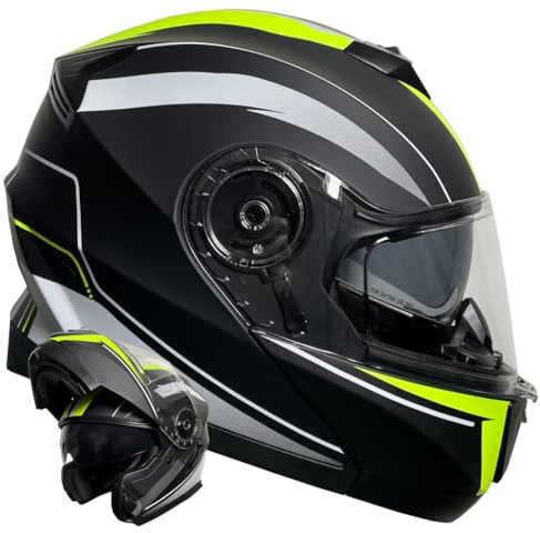 Klapphelm Integralhelm Helm Motorradhelm RALLOX 160 schwarz gelb neon grün matt mit Sonnenblende (S, M, L, XL) Größe M