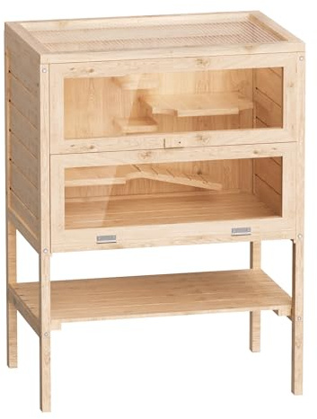 Gabbia per roditori piccoli animali a 3 livelli in legno e plexiglas con tetto apribile