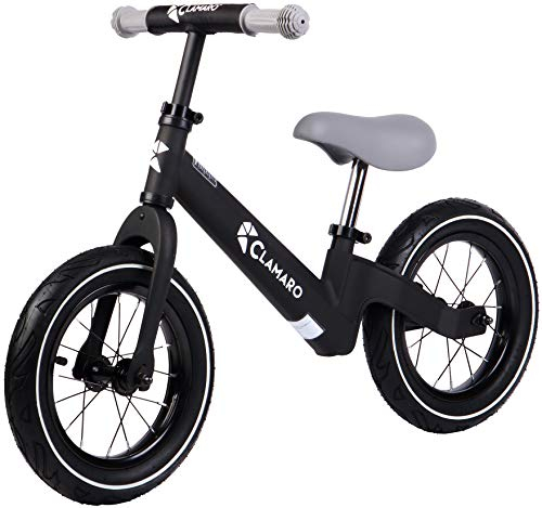 CLAMARO 'Roadstar' 12 Kinder Laufrad ab 1 Jahr für Jungen und Mädchen, Balance Lauflernrad mit leichtem 3,6 kg Magnesium Aluminium Rahmen, Luftreifen und mitwachsendem Sitz und Lenker, schwarz/grau