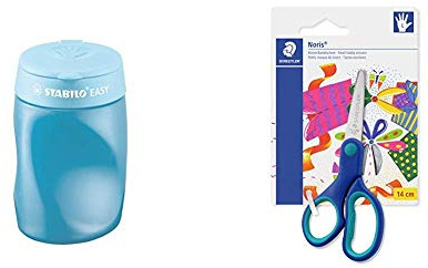 Stabilo Easy Temperamatite Azzurro per Mancini & STAEDTLER, forbici per mancini con punte arrotondate e impugnatura ergonomica, perfette per bambini, 965 14LNBK