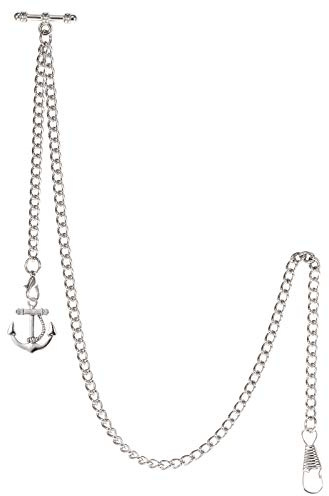 TREEWETO Men's Albert Chain Pocket Watch Curb Link Key Chain 2 Hooks with Antique Anchor Silver Pendant Design Charm Fob T Bar