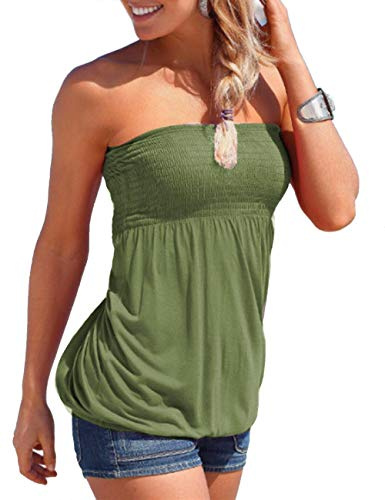 HAHAEMMA Damer sommar sexig tub topp casual veckad volang kvinnor elastiskt band mjuk stretch axelbandslös bandeau-boob blus skjorta väst toppar, Armégrön, L