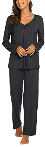 MAXMODA Pigiami Due Pezzi da Donna Lungo Pigiama Maniche Lunghe Invernale Pantaloni, Grigio Scuro, S