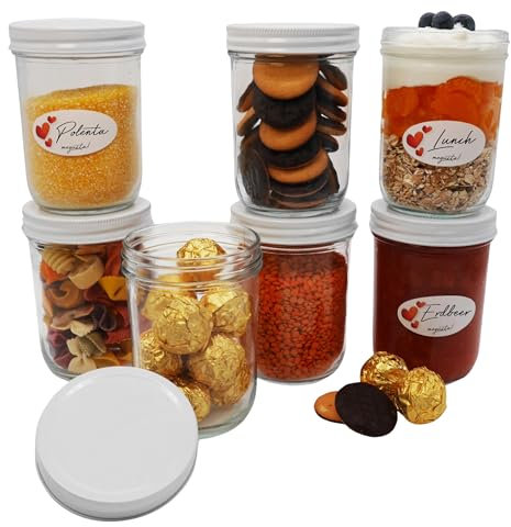 megusta!® 6er Set Einmachgläser 480 ml + 12 Etiketten, klares Glas + Deckel weiß, für Obst Gemüse, Aufbewahrung Lebensmittel, als Vorratsgläser, Kaffeedose, Lunchpot, Müslischale, Bowl Schüssel