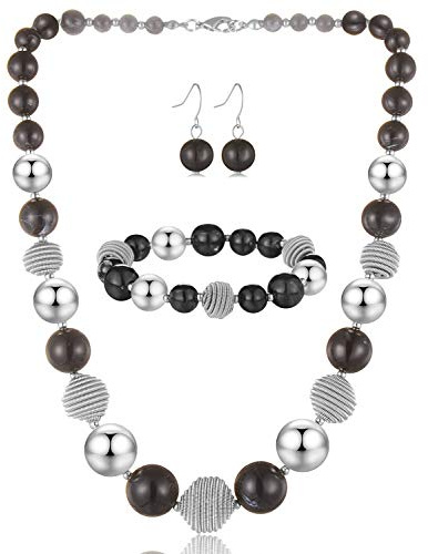 BULINLIN Chunky Beaded Silver Necklace Earrings Pearl Handmade Bracelet Set Statement Costume Fashion Jewellery Set Birthday Gifts for Women(Black)