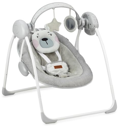 MOMI Silla mecedora LISS | función mecedora | cinturones de seguridad de 5 puntos | apagado automático después de 10, 15 o 30 minutos | barra de juguetes | melodías y balanceo | oso de peluche rosado
