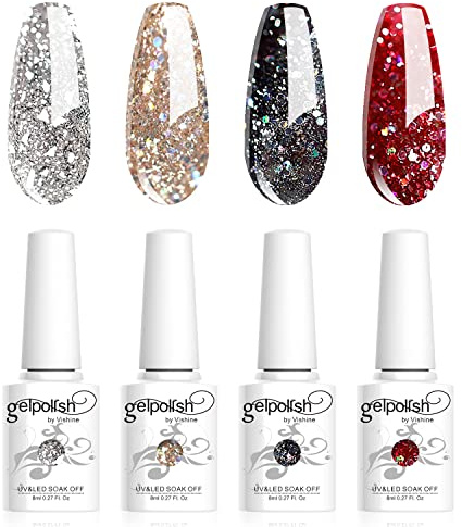 Vishine Set de Esmaltes de Uñas en Gel con Brillo - 4 Piezas de 8 ml: Rojo, Negro, Dorado y Plateado Brillantes, Esmalte en Gel UV LED Soak Off, Colección Duradera para Manicura de Salón DIY, 8ml C020
