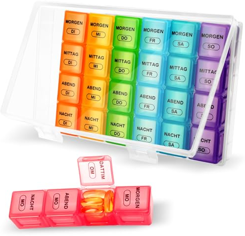 Tablettenbox 7 Tage Große Fächer, Medikamentenbox 7 Tage 4 Fächer Tabletten Organizer, Tablettendose für Kinder äLtere und Arthritische HäNde Tablettenbox 7 Tage Morgens Mittags Abends - Weiß