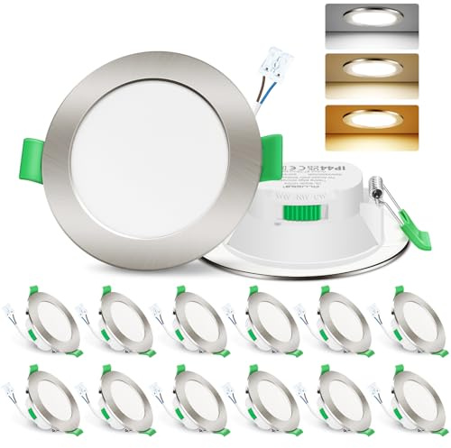 ALUSSO LIGHTING LED Einbaustrahler 230V Deckenspots flach Dimmbar 7W Ultra Slim Spots IP44 Deckenstrahler Einbauleuchten für Badezimmer Küche, 3000K/4000K/6500K Einbauspots, Rund Nickel 12er Set