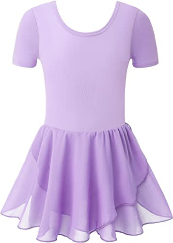 DANSHOW Ragazze Balletto Body per Danza Manica Corta Criss-Cross Back Abiti Ginnastica Balletto Body, Viola Manica Corta, XXL