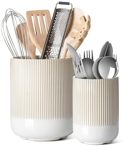 LE TAUCI Utensil Holder for Kitchen Counter, 7.3+5.4 Fluted Ceramic Utensil Crock Organizer for Countertop, Heavy Large Holder for Spatulas, Spoons, Set of 2, Warm White Glaze