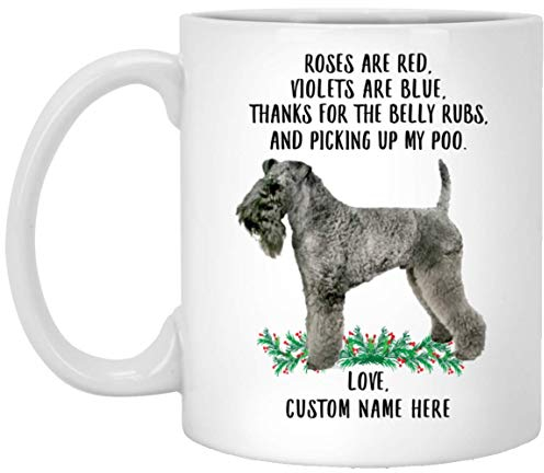 Kaffeebecher Kerry Blue Terrier Rosen Sind Rot, Veilchen Sind Blau, Personalisierter Name Weiß Weihnachtstasse Retro Kaffeetasse Premium Bürotasse Für Arbeit Freunde Geschenk 330Ml
