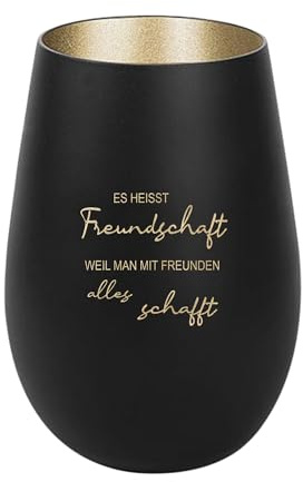 Der-Porzellan-Laden Windlicht mit Gravur Schwarz Gold Teelichthalter | Es heißt Freundschaft, Teelichthalter aus Glas mit Spruch, Tischdeko modern