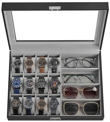 SONGMICS 16-Slot Watch Box, Lockable Storage Case With Glass Lid, Gift Idea, Ink Black Synthetic Leather, Dove Gray Lining UJWB112G01