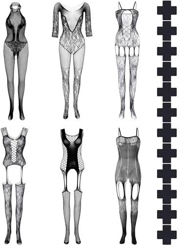 Tisancy 6 Pcs Women's Fishnet Lingerie Mesh Bodysuit Lingerie Fishnet Bodysuits Lace Smock Nightwear Halloween Outfit(Black,Elegant)