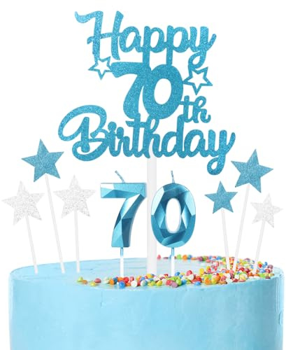 Blue 70th Birthday Candles & Cake Toppers Set - Blue Number 70 Candle, Silver Cake Decorations - Happy Birthday Toppers for Girls, Boys, Women & Men - Party Decorations