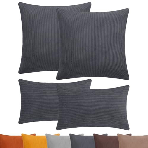 Selfitex 4er Set Cord Sofakissen 2X 30x50 + 2X 50x50, Couchkissen inkl. Füllkissen, samtiger Kissenbezug mit weicher Kissenfüllung, Flauschige Dekokissen für Wohn- & Schlafzimmer (Guaro)