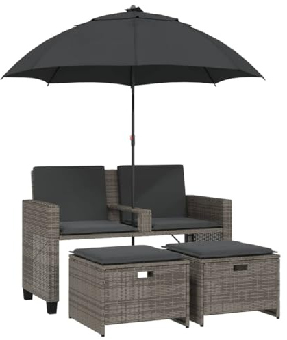 vidaXL Gartensofa 2-Sitzer, Gartenbank mit Sonnenschirm Hockern, Sitzbank für Garten Terrasse Balkon, Gartenmöbel Gartensessel, Grau Poly Rattan