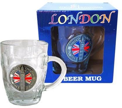 Classic London Beer Mug Thick Glass with Metal Finished Shield Badge with Union Jack and Big Ben Design, Unique Gift for Men Birthday Anniversary