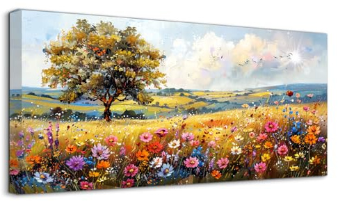 hyidecorart Bunter Blumen Bilder Wohnzimmer Landschaft Gemälde 73x146 cm | Natürliche Landschaften, HD-Druck, Einfach Aufzuhängen, Einfache Montage, Leinwandgewebe, Entspannte Wanddeko, Geschenk