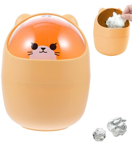 YUNXCNA Mini Schreibtisch Mülleimer mit Deckel, 16,5x12cm Tischmülleimer, Tragbarer Abnehmbarer Tischabfalleimer, Kreative und Niedliche Mülleimer, Mini Plastikeimer, Büro Mülleimer, Orange Bär