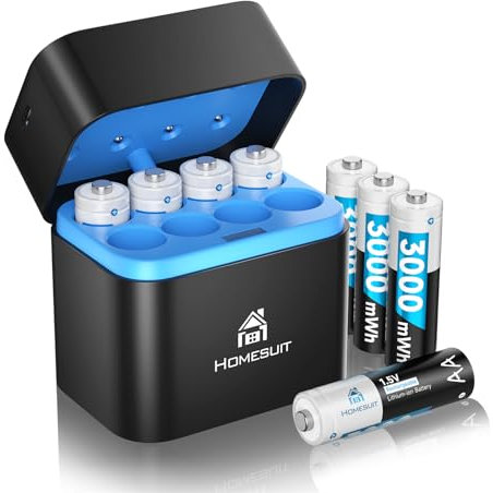 Homesuit Rechargeable Battery AA with 8-Bay Charger 3000mWh Batteries AA Pack for Blink Outdoor Camera 1.5V Constant Output Double A Battery Recharge up to 2000+ Cycles (8-Pack)