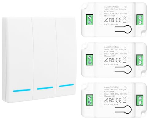 interruptor inteligente, Interruptores de luz de pared, Kit de Interruptor de Luz Inalámbricas, RF 433Mhz 220V interruptor inalambrico receptor, alcance de 100 m, 1 Interruptor Blanco Y 3 Receptores