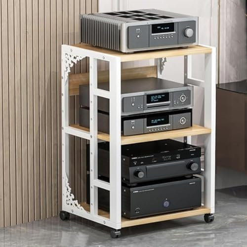 WNYAILLL 3-stufiger HiFi Rack mit Rädern, Audio-Rack-Schrank für Zuhause, Audio-Video-Medienständer, Vinyl Plattenspieler Stand, DVD-Entertainment-Einheit, höhenverstellbar(White)