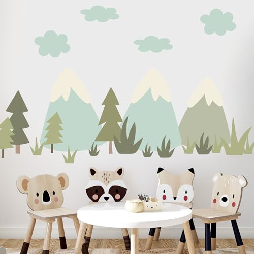 GRAZDesign Wandtattoo Set Berge & Wald – Bäume, Wolken & Naturmotive fürs Kinderzimmer