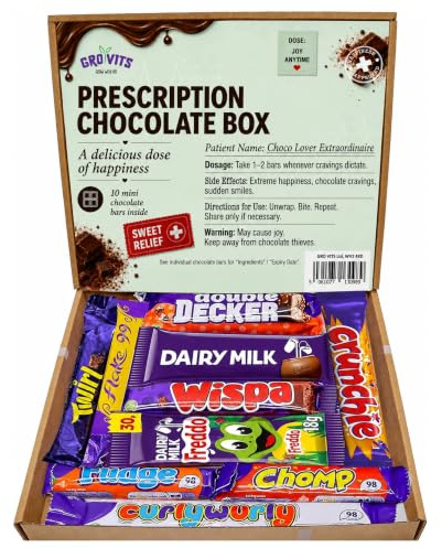 GRO VITS - Prescription Chocolate Gift Box - 10 Mini Chocolate Bars Funny Gifts Chocolate Gift Box Perfect for Get Well Soon Gifts, Presents, Birthdays, Fathers Day Gifting And Treats