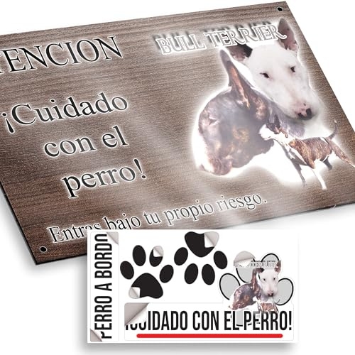 Bull Terrier atigrado Cartel Cuidado Perro Peligroso 20x12,5cm - Diseño Madera Marrón Dibond con Pegatina Coche 20x5cm