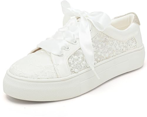 Elivandon 9993 Zapatos de Novia de Encaje Sneakers Nupciales con Plataforma de 3,7 cm Zapatillas de Tenis para Novias con Strass Brillantes Sneakers de Boda
