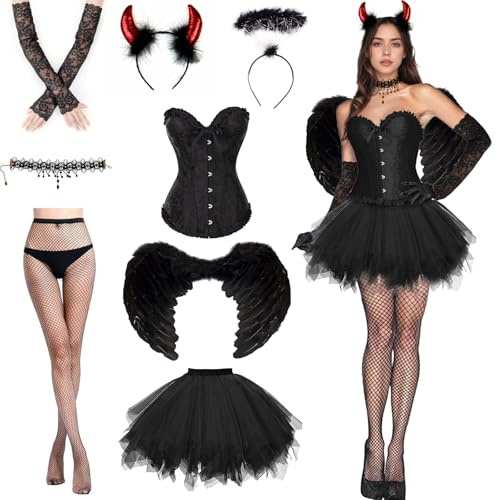 HUIKUANGEU Costume Ange Noir Femme,Deguisement Diable Femme,Ailes D'ange Costume de Fête,Halloween Deguisement,Jupe en Tulle,Diable Serre Tete,pour Le Carnaval,Mardi Gras,Soirée à Thème,Halloween