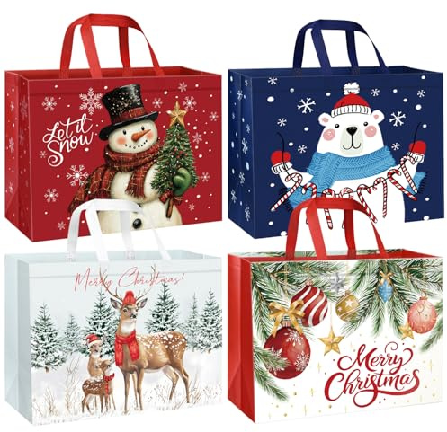 DECHISY 4 Stück Geschenktüten Weihnachten Groß xxl, Non Woven Geschenktüten Weihnachten mit Griffen, Wiederverwendbare Weihnachtstüten mit 4 Designs für Neujahr Dekorationen, 42 x 32.5 x 18 cm